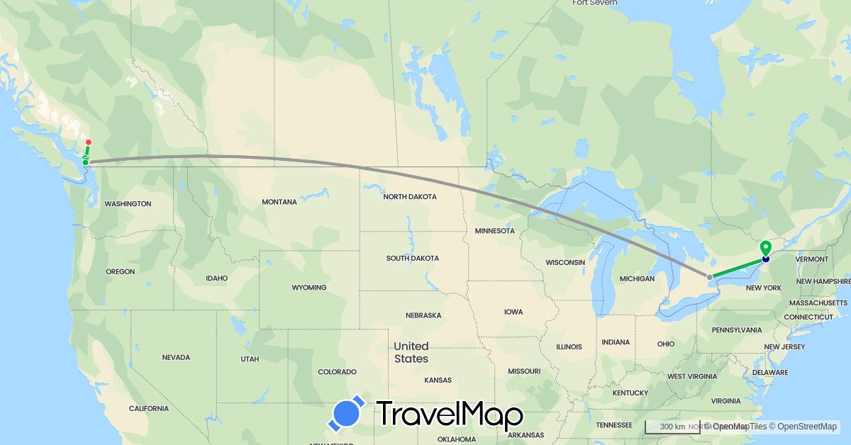 TravelMap itinerary: driving, bus, plane, hiking in Canada (North America)